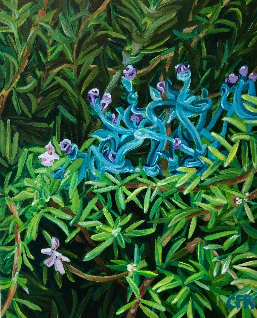 Overgrown: Language Lines in a Bush, Acrylic on Panel, 10in x 8in