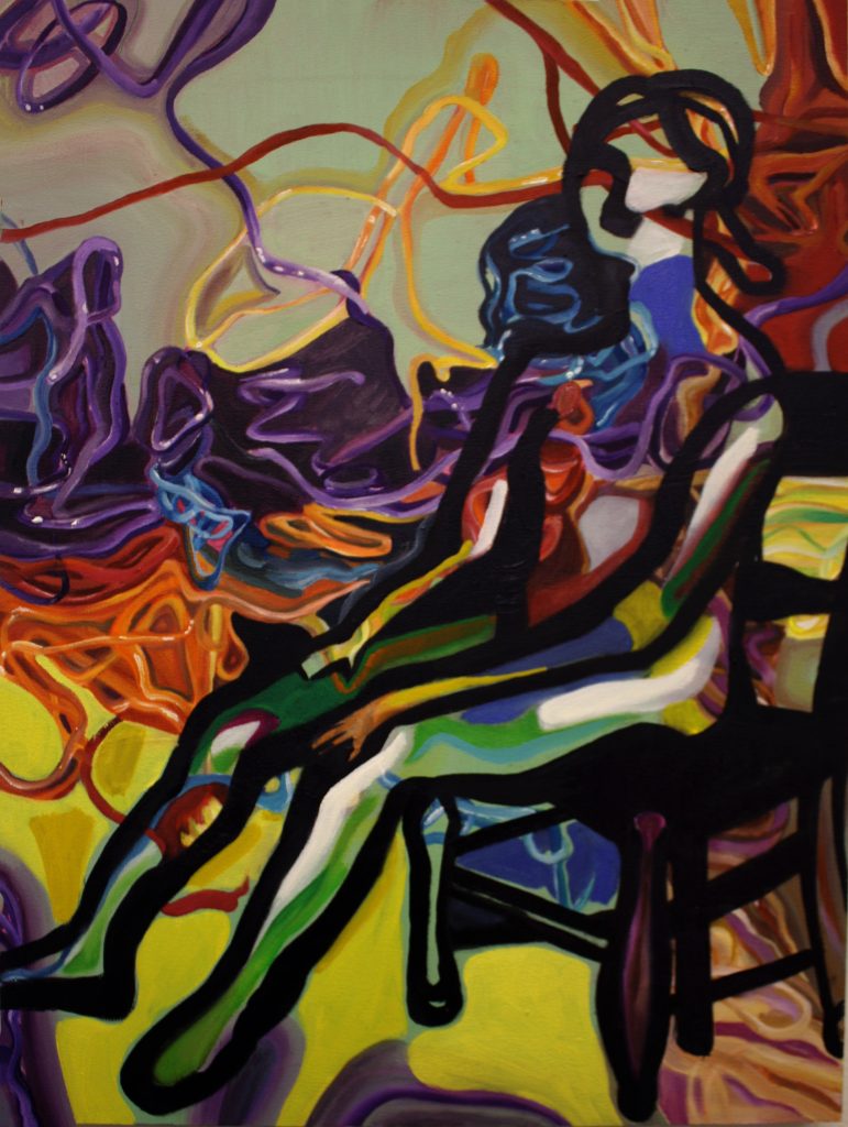 Seated Woman in Language Lines, Oil on Panel, 16in x 12in