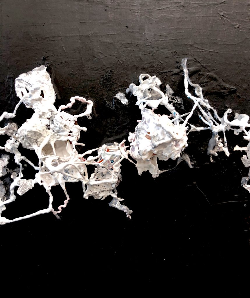 Touch (Black and White), Acrylic, Gesso, and 3D Pen on Panel, 10in x 8in